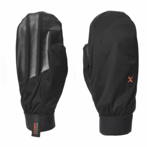Pair of black waterproof mittens shown side-by-side, left mitten palm-facing with three molded rubber grip ridges and a small XDRY fabric pull tab at the wrist, right mitten back-facing with a vertical extremities logo and orange 'x' detail.