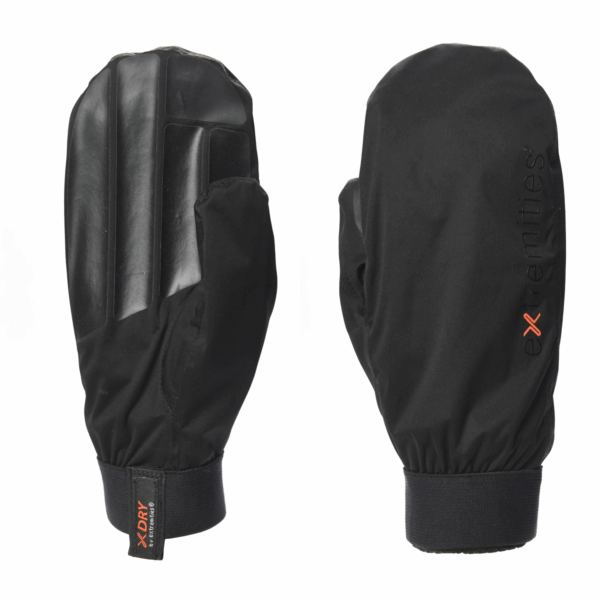 Torrent-Mitts-Back-and-Palm-3.png Pair of black waterproof mittens shown side-by-side, left mitten palm-facing with three molded rubber grip ridges and a small XDRY fabric pull tab at the wrist, right mitten back-facing with a vertical extremities logo and orange 'x' detail.