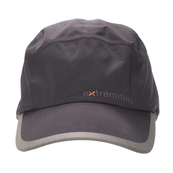Torrent-cap-1.jpg Black technical baseball cap with a curved brim edged in grey and a small 'extremities' logo on the front featuring an orange 'x'