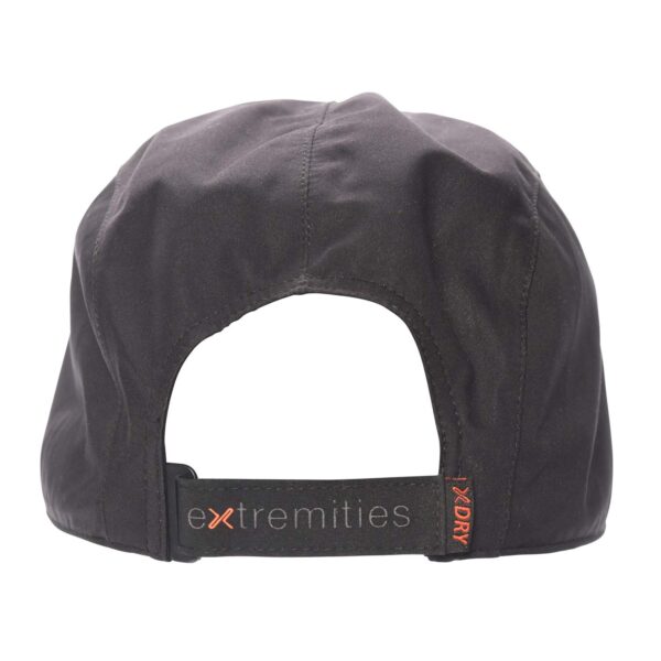 Torrent-casp-bacl-1.jpg Rear view of a black cap showing the adjustable fabric strap printed with 'extremities' (orange 'x') and a small vertical orange 'XDRY' tag.