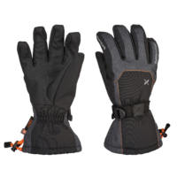 Pair of insulated black and charcoal-grey winter gloves shown side-by-side, left glove displaying the padded palm and elastic wrist, right glove showing the back with adjustable wrist strap, orange stitching and an orange cord-lock gauntlet drawcord.
