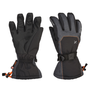 Torres-Peak-Glove-Palm-Back_1500px_300dpi-3.png Pair of insulated black and charcoal-grey winter gloves shown side-by-side, left glove displaying the padded palm and elastic wrist, right glove showing the back with adjustable wrist strap, orange stitching and an orange cord-lock gauntlet drawcord.