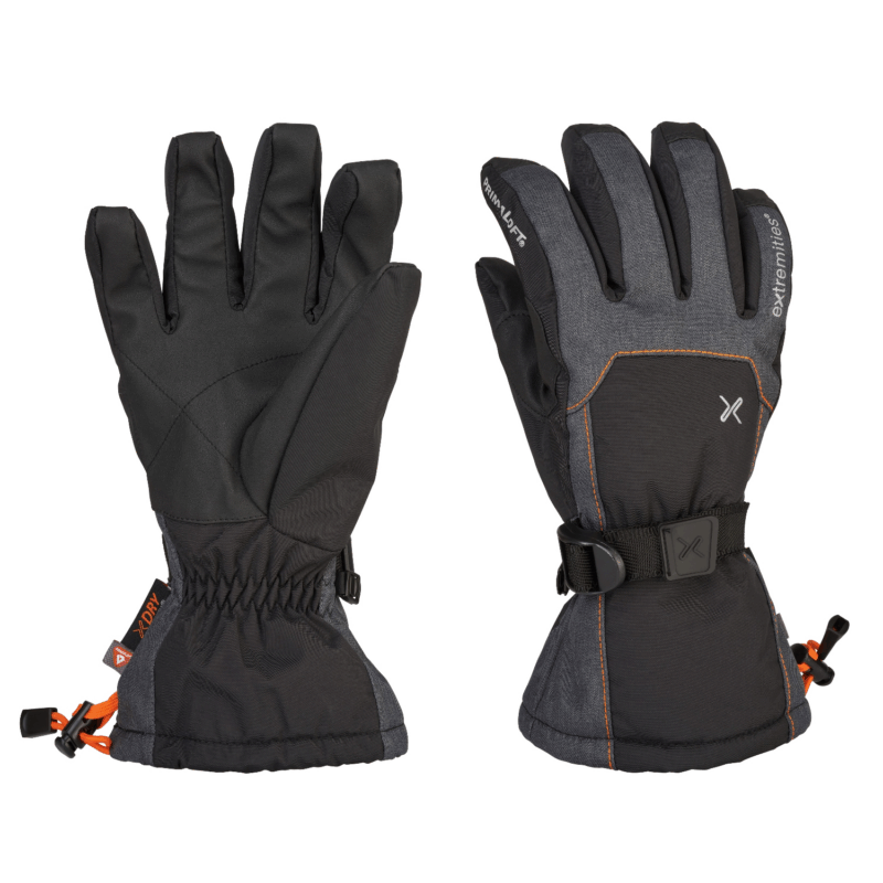 Torres-Peak-Glove-Palm-Back_1500px_300dpi-3.png Pair of insulated black and charcoal-grey winter gloves shown side-by-side, left glove displaying the padded palm and elastic wrist, right glove showing the back with adjustable wrist strap, orange stitching and an orange cord-lock gauntlet drawcord.