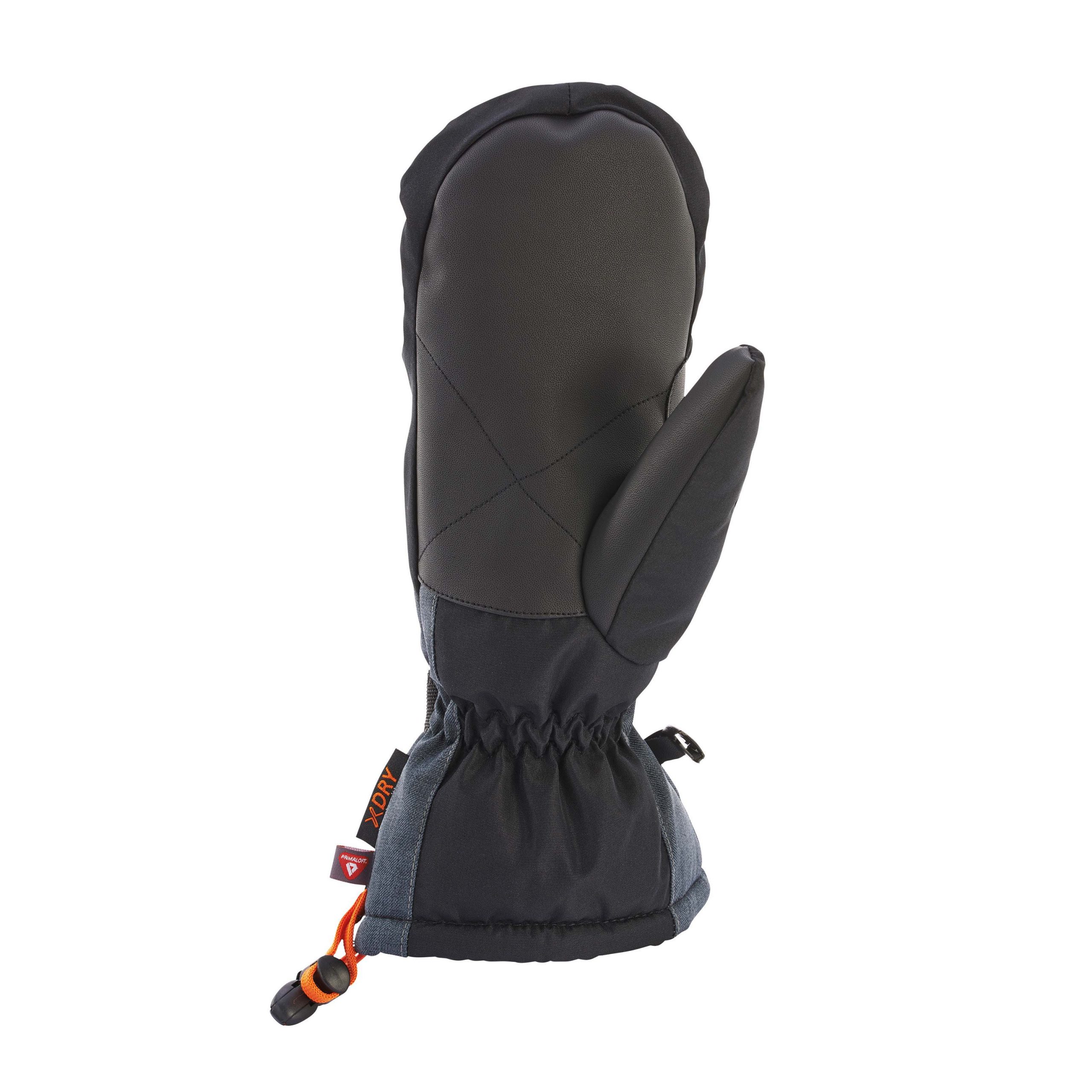 Black insulated winter mitten showing a smooth reinforced palm with stitched X pattern and padded thumb, elasticated wrist and extended gauntlet cuff with an orange drawcord and small red tag.