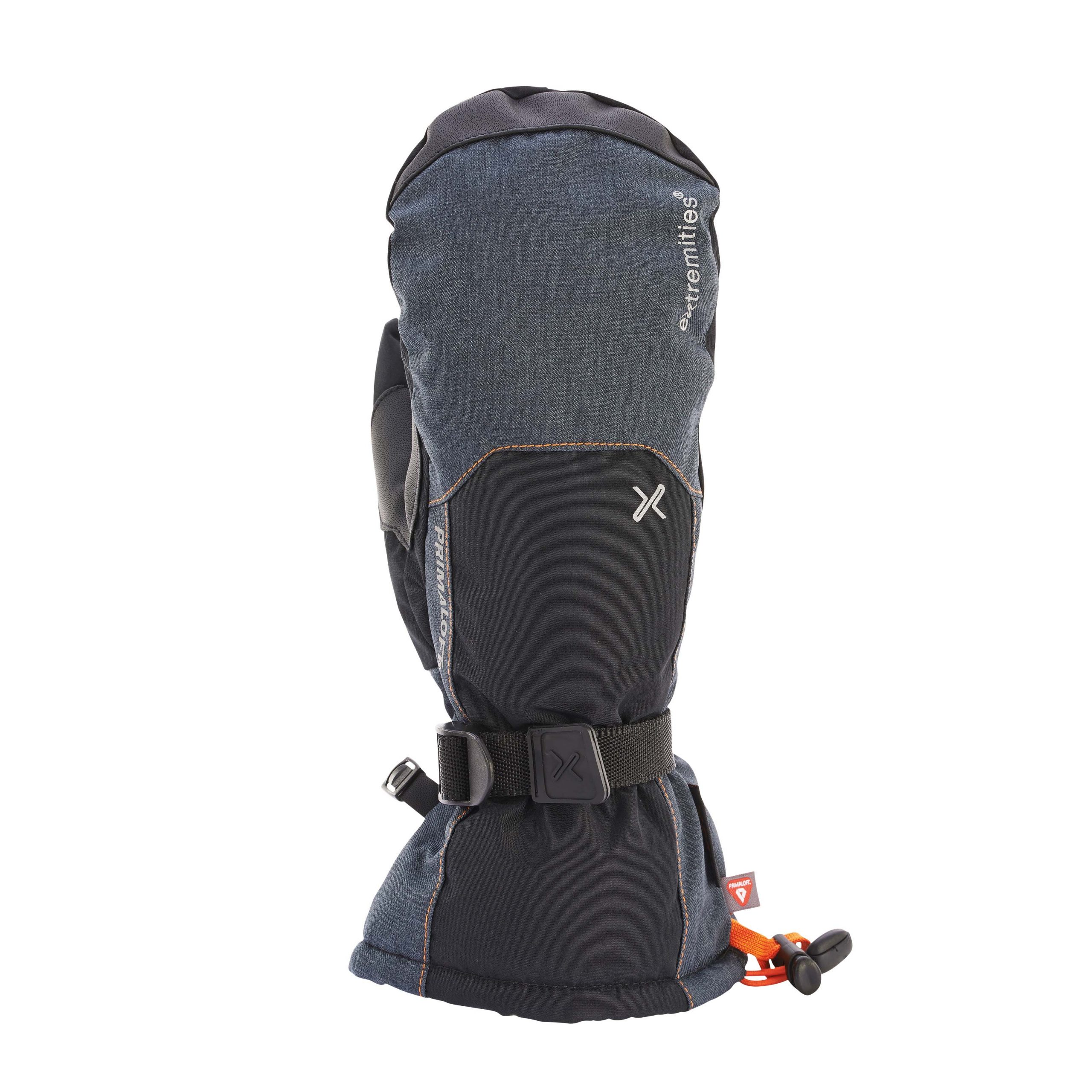 Single insulated dark grey and black mitten with long gauntlet cuff, adjustable wrist strap and buckle, white logo on the back and an orange drawcord pull, shown against a white background.
