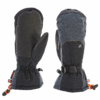 Torres-Peak-Mitts-Back-and-Palm-3.png Pair of dark grey and black insulated ski mittens shown side by side, one displaying a textured reinforced palm and the other the back with an adjustable wrist strap, long gauntlets and orange cord pulls.
