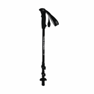 Black adjustable carbon trekking pole with ergonomic foam handle and wrist strap, 'TRAIL CARBON' printed on the shaft, quick‑lock clamps and rubber tip with a small snow basket