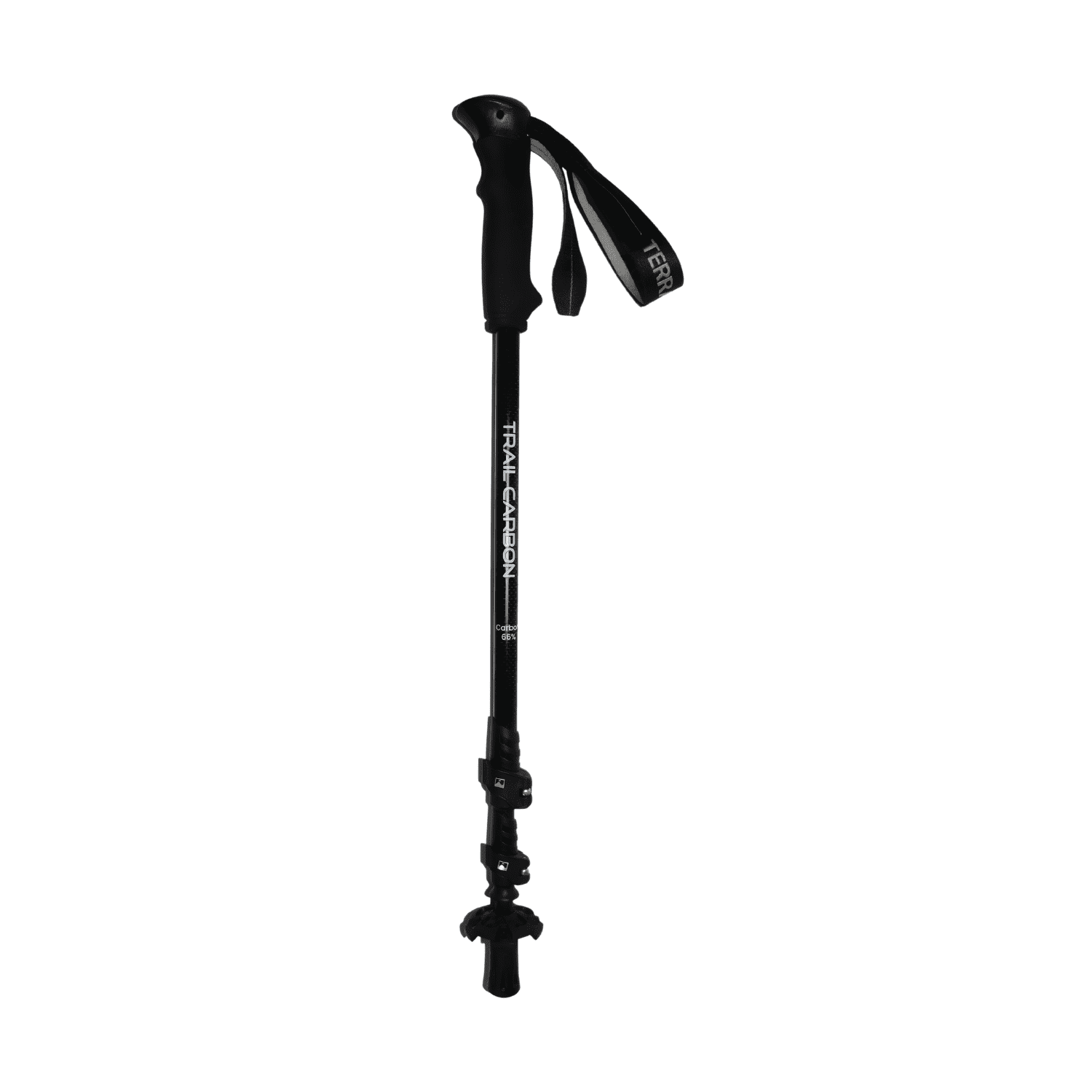 Black adjustable carbon trekking pole with ergonomic foam handle and wrist strap, 'TRAIL CARBON' printed on the shaft, quick‑lock clamps and rubber tip with a small snow basket