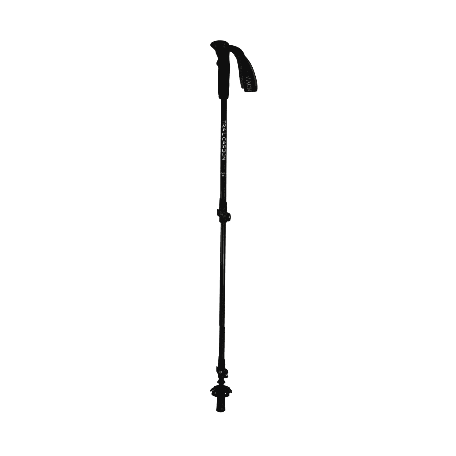 Black adjustable carbon trekking pole with ergonomic foam handle and wrist strap, two-section shaft labelled 'Trail Carbon', small snow basket above the rubber tip, shown upright on a white background.
