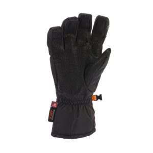Black insulated glove shown palm-up with a textured grippy pattern on the palm and fingers, elasticated long cuff, small orange clip and a fabric tag at the wrist