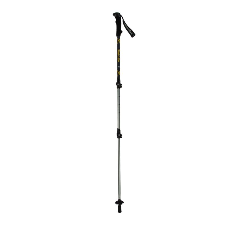 Adjustable three-section aluminium trekking pole with black foam grip and wrist strap, two quick-release locking clamps on a grey shaft and a rubber tip with a small removable basket.