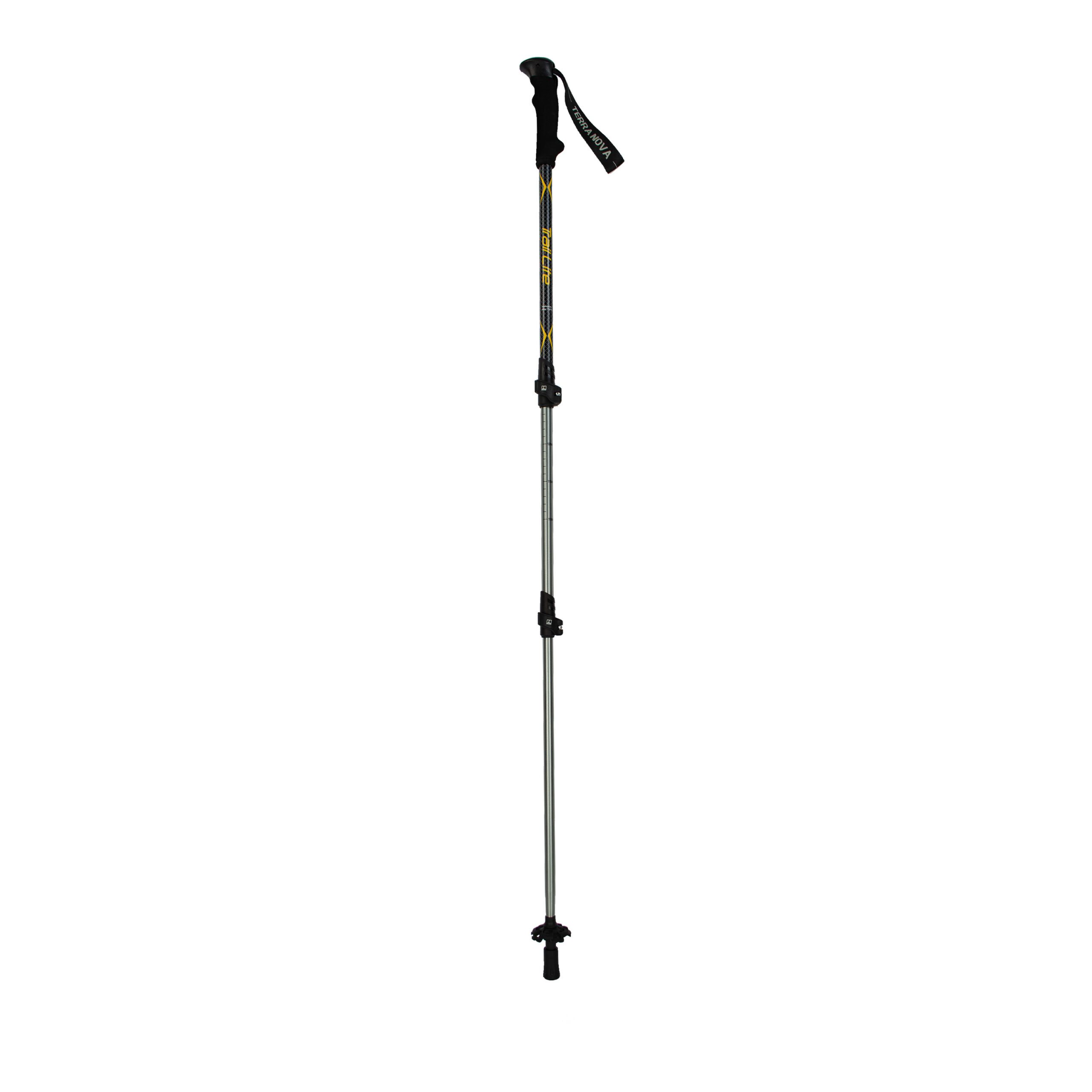 Adjustable three-section aluminium trekking pole with black foam grip and wrist strap, two quick-release locking clamps on a grey shaft and a rubber tip with a small removable basket.