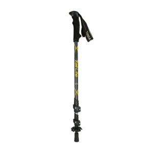 Adjustable black and yellow Trail Lite trekking pole with ergonomic black foam handle and wrist strap, twin locking clamps on a carbon-pattern shaft, and a rubber-tipped, basketed end.