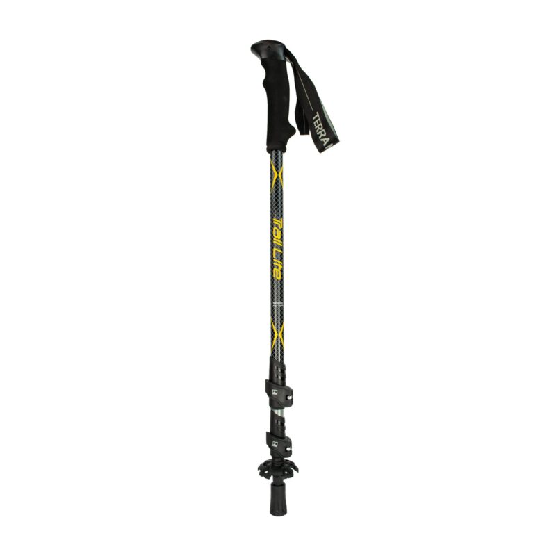 Adjustable black and yellow Trail Lite trekking pole with ergonomic black foam handle and wrist strap, twin locking clamps on a carbon-pattern shaft, and a rubber-tipped, basketed end.
