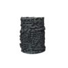 Grey tubular neck gaiter printed with an all-over black abstract X and line pattern, shown scrunched into a cylinder with a small black side tag.
