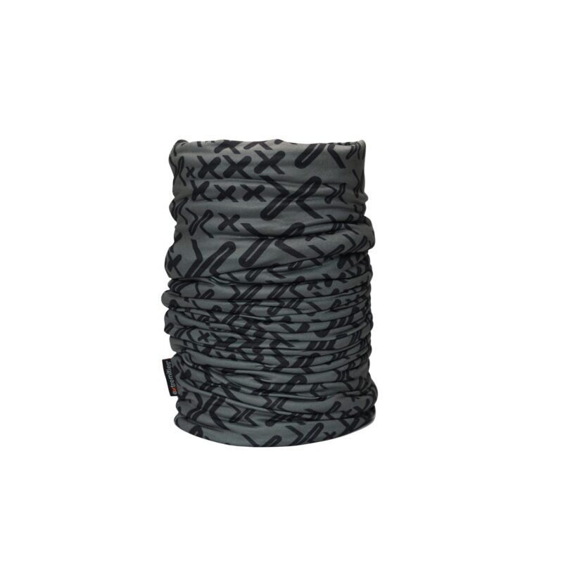 Trek-1_1500px_72dpi-1.jpg Grey tubular neck gaiter printed with an all-over black abstract X and line pattern, shown scrunched into a cylinder with a small black side tag.