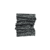 Grey tubular neck gaiter scrunched into folds with a repeating black X-and-line pattern and a small black brand tag, shown on a plain white background.