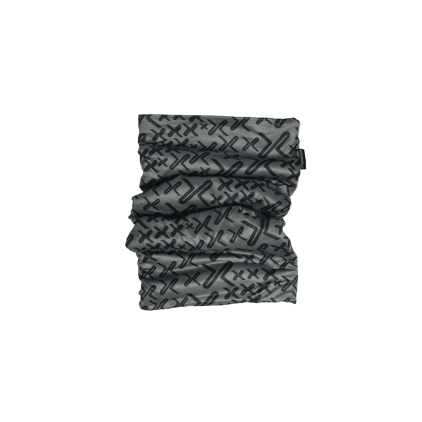 Grey tubular neck gaiter scrunched into folds with a repeating black X-and-line pattern and a small black brand tag, shown on a plain white background.
