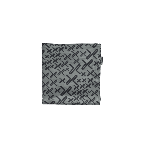 Folded grey square cloth with a repeating dark X-shaped pattern and a small black tag on the right edge, shown centred on a white background.