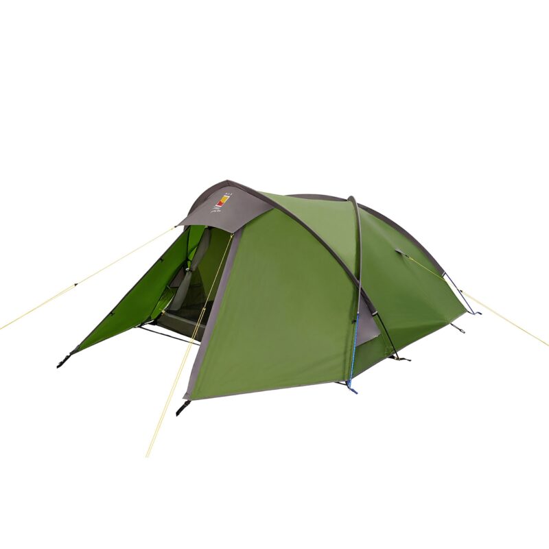 Green dome-style camping tent with grey rainfly and crossed poles, front vestibule propped open to reveal a mesh inner door and tensioned yellow guy lines.
