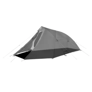 Two-person dome camping tent with a triangular front vestibule and partially open zippered door, grey upper fabric and dark base, staked and guyed out on a plain white background.