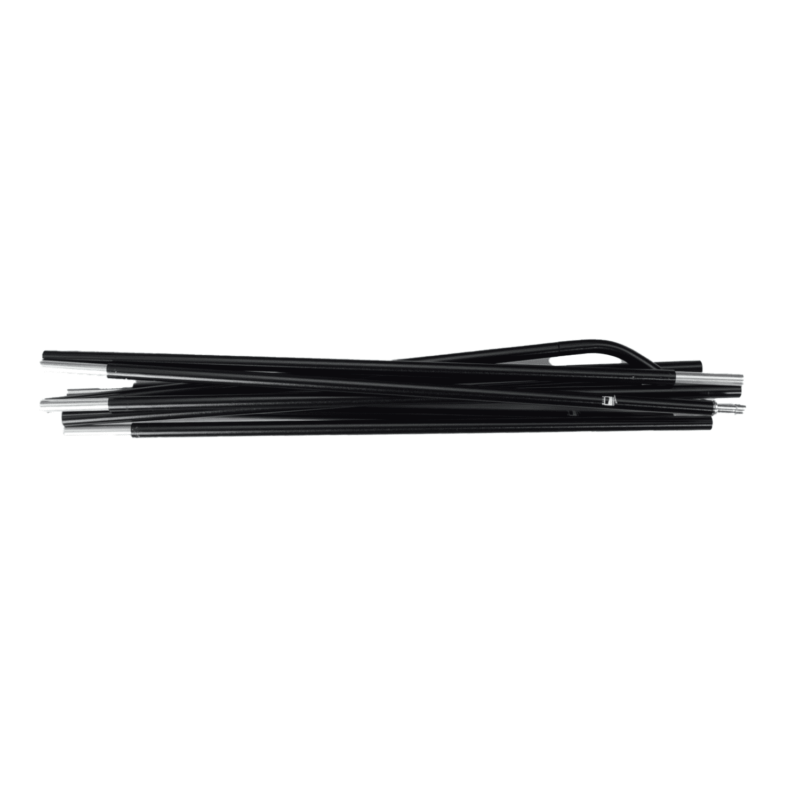 Trisar-2-Black-Pole-3.png Bundle of collapsed black tent pole segments with silver connector ends, laid side-by-side against a white background.