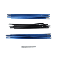 Bundles of collapsible tent pole segments laid flat on a white background: two blue sets at top and bottom, a black set in the middle, and a short silver connector piece below.
