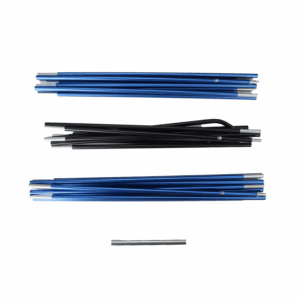 Bundles of collapsible tent pole segments laid flat on a white background: two blue sets at top and bottom, a black set in the middle, and a short silver connector piece below.