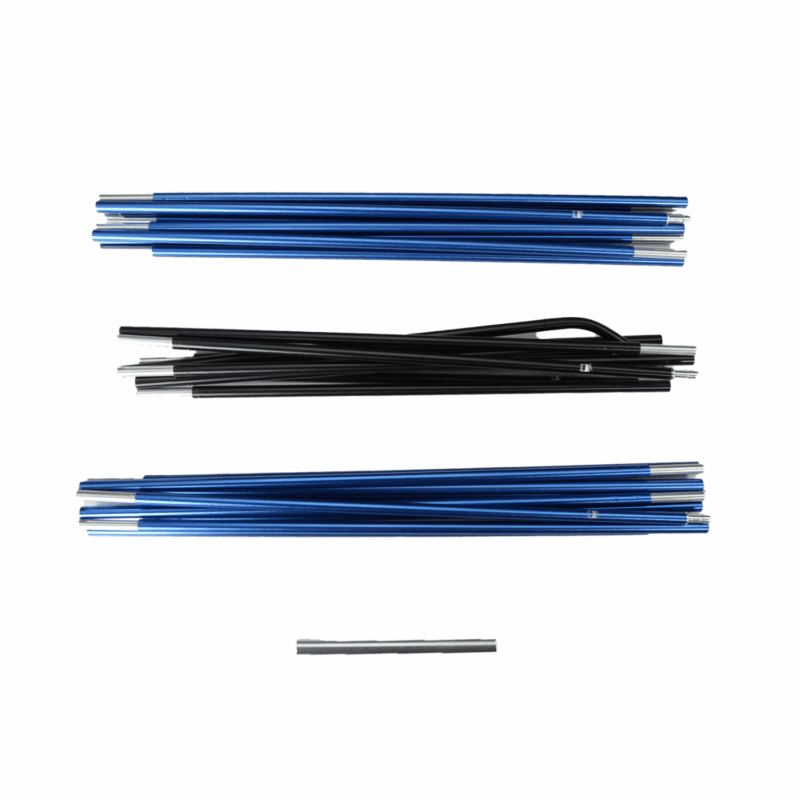 Trisar-2-Pole-Set-3.png Bundles of collapsible tent pole segments laid flat on a white background: two blue sets at top and bottom, a black set in the middle, and a short silver connector piece below.
