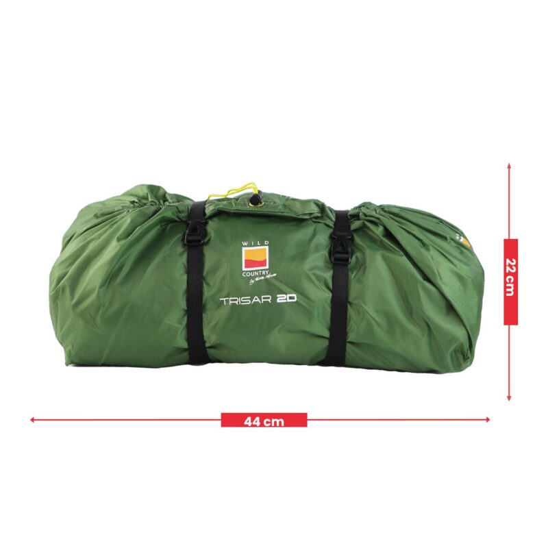 Trisar-2D-1500-x-1500-3.jpg Compact green compressed camping bag labelled TRISAR 2D with black compression straps and measurement arrows showing 44 cm length and 22 cm height
