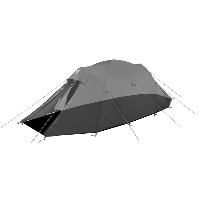 Trisar-2D-3.jpg Grey and black dome-style camping tent with a rainfly and extended front vestibule, pitched and staked with external poles and guylines on a white background.