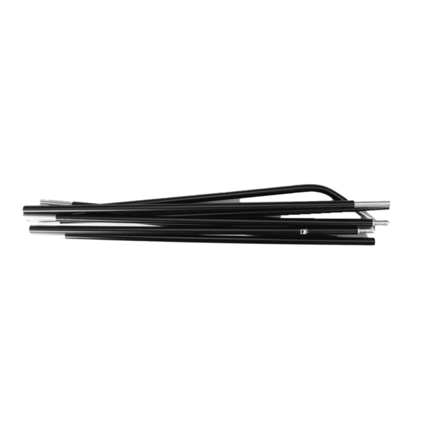 Trisar-2D-Black-Pole-4.png Stack of black collapsible tent poles with silver ferrule ends laid parallel on a white background.