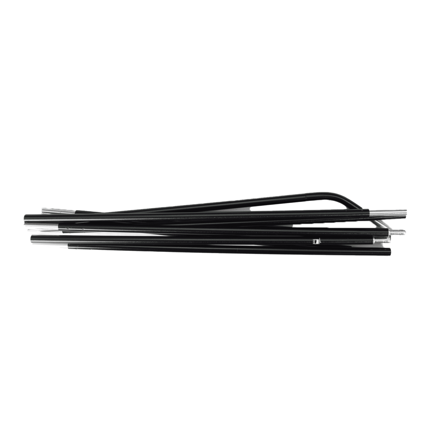 Trisar-2D-Black-Pole-4.png Stack of black collapsible tent poles with silver ferrule ends laid parallel on a white background.