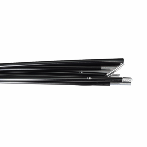 Trisar-2D-Black-pole-Close-Up-3.png Stack of black segmented metal poles with silver connector ends arranged horizontally on a white background.