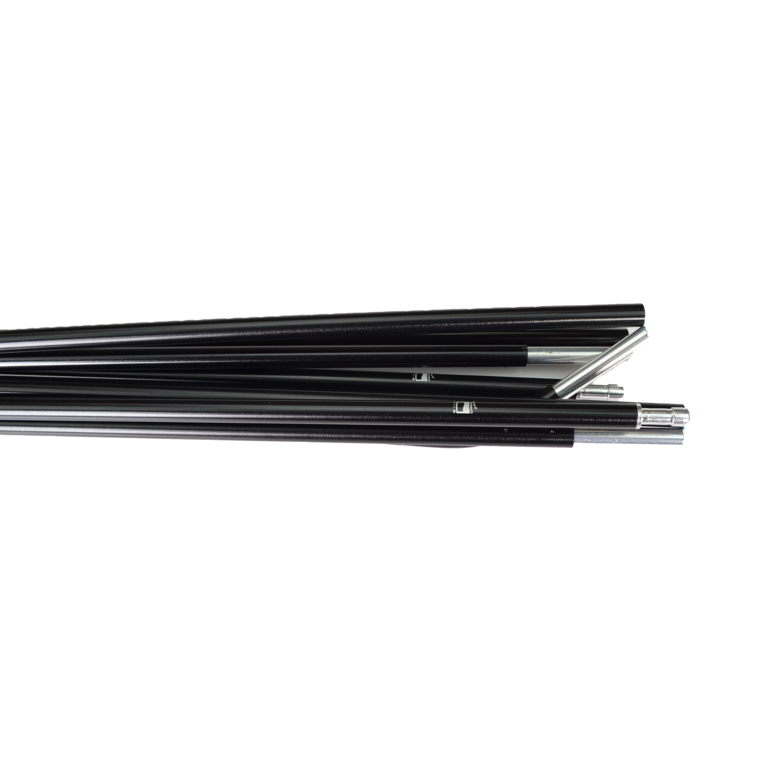 Trisar-2D-Black-pole-Close-Up-3.png Stack of black segmented metal poles with silver connector ends arranged horizontally on a white background.