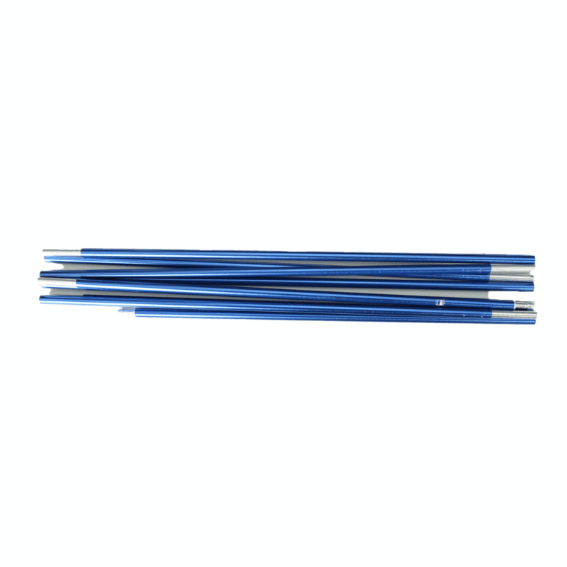 Trisar-2D-Blue-Pole-3.png Several blue anodised metal tent-pole sections with silver ferrules laid parallel on a white background.