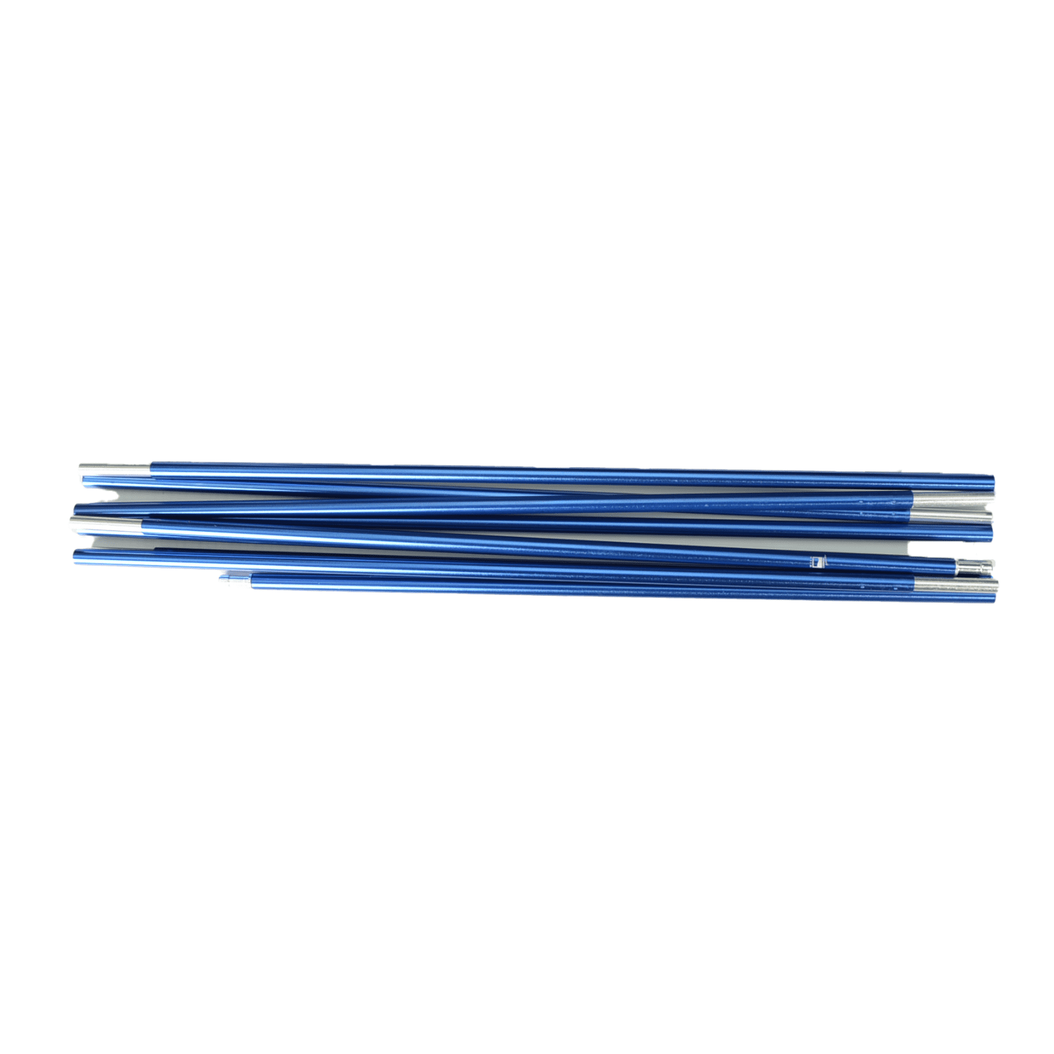 Several blue anodised metal tent-pole sections with silver ferrules laid parallel on a white background.