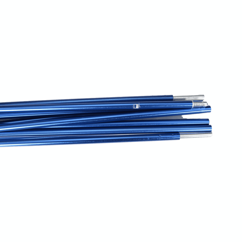 Trisar-2D-Blue-Pole-Close-Up-3.png Bundle of thin metallic blue tent-pole sections with silver connector ends laid horizontally on a white background.