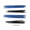 Trisar-2D-Pole-Set-3.png Sets of collapsible segmented tent poles in blue and black with silver metal ferrules, arranged in four parallel groups on a white background
