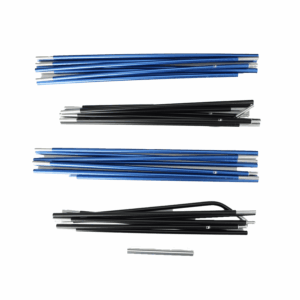 Sets of collapsible segmented tent poles in blue and black with silver metal ferrules, arranged in four parallel groups on a white background
