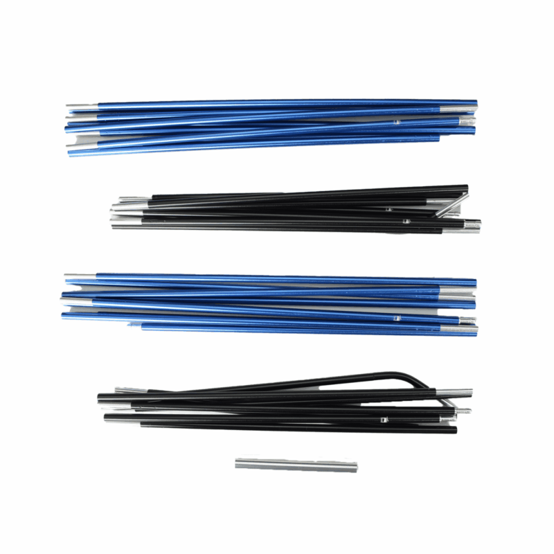 Trisar-2D-Pole-Set-3.png Sets of collapsible segmented tent poles in blue and black with silver metal ferrules, arranged in four parallel groups on a white background
