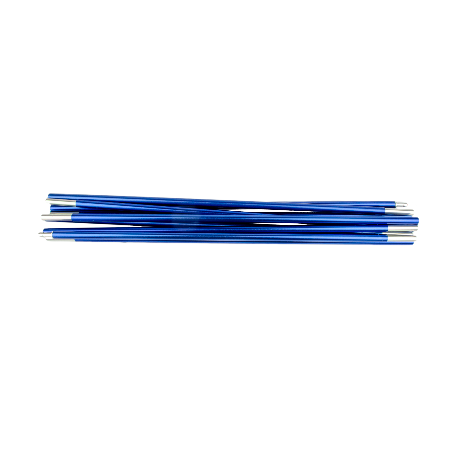 Trisar-3-Pole-Blue-3.png Several collapsed telescopic tent poles in metallic blue with silver connectors, stacked horizontally on a white background.