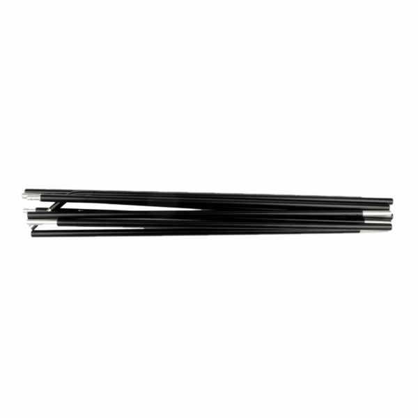 Trisar-3-Pole-Porch-3.png Stack of black segmented tent poles with silver metal ferrules at the ends, lying horizontally on a white background.