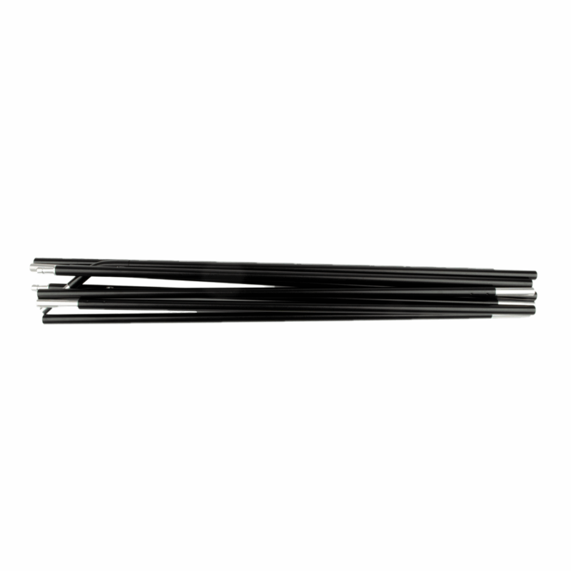 Stack of black segmented tent poles with silver metal ferrules at the ends, lying horizontally on a white background.