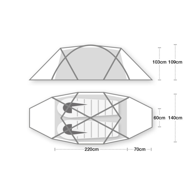 Trisar2D1500x1500px-3.jpg Line-drawn diagram of a two-person dome tent showing a side elevation and a top plan with crossed poles and two sleeping pads, labelled dimensions reading 103 cm and 109 cm (heights), 220 cm (sleeping area) plus 70 cm (vestibule), and overall width markers 140 cm and 60 cm.