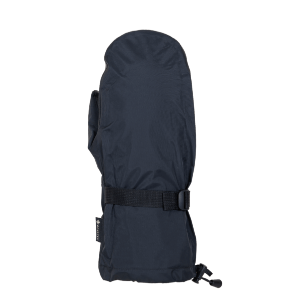 Navy waterproof mitten shown flat on a white background, featuring an adjustable black webbing wrist strap, a small Gore‑Tex tag on the cuff and a cord‑lock drawstring.