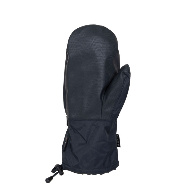 Tuff-Bags-Palm-3.png Single dark navy winter mitten shown palm-side up, with textured grip surface, long gauntlet cuff, adjustable wrist drawcord with toggle and a small Gore‑Tex tag.