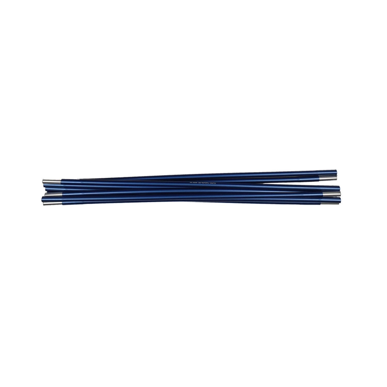 Blue anodised aluminium tent-pole sections with silver ferrules, arranged overlapping in a short stack on a white background.