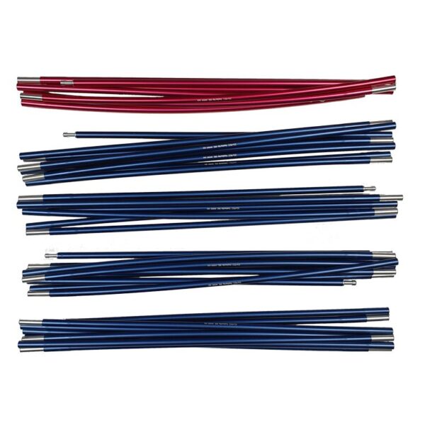Multiple segmented tent pole sections, mostly blue with one set in red, laid out in parallel with silver metal ferrules on a white background.