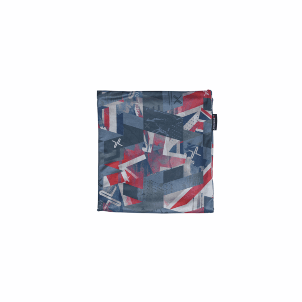 Union-Neck-Tube-Back_3000px_300dpi-1.png Folded square tubular neck gaiter with an abstract red, navy and white geometric pattern reminiscent of a fragmented Union Jack and a small black brand tag on the right edge.